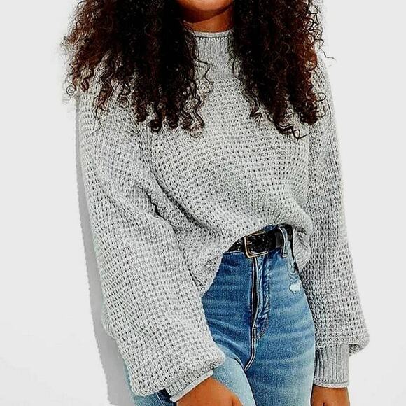 American Eagle Mock Neck Waffle Knit Oversized Sweater Grey Size Medium NWOT - Picture 7 of 7